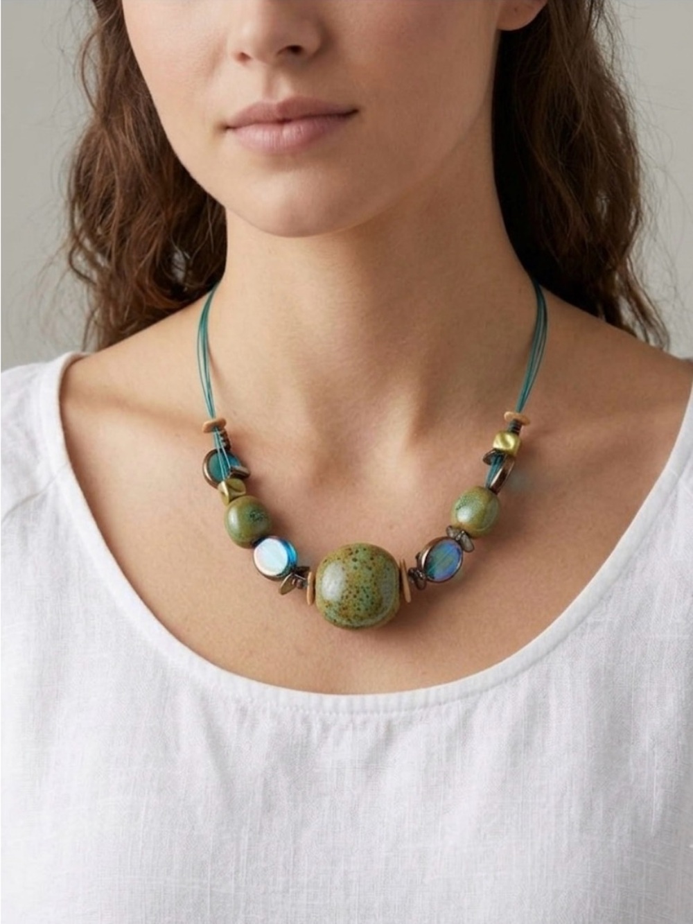 Boho Earthy Ceramic Bead Statement Necklace Teal Turquoise Blue Green
